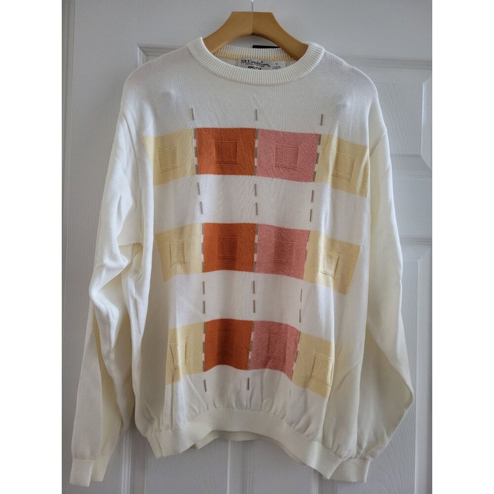 Vtg St Croix Knits Men White Geometric Sweater size Medium Grandpa New Deadstock